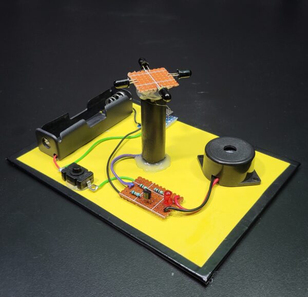 360-degree automatic fire detection alarm circuit with rechargeable battery, designed for school science projects and exhibitions.