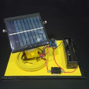 Fully assembled solar tracker without Arduino, featuring an LDR sensor, DC motor, and a battery-powered system for automatic sun tracking in science projects.